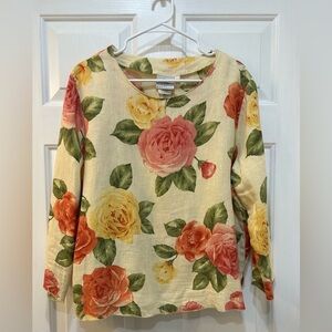 Hot Cotton 100% Linen Top Multicolor Floral Blouse 3/4 Sleeve Pullover Size L